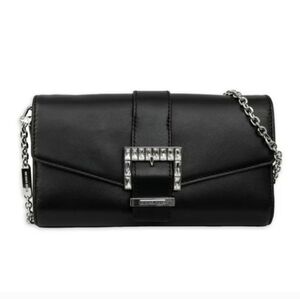 Michael Kors Penelope Black Leather Clutch with Crystal Buckle and Chain
